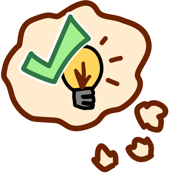 an off white thought bubble with a yellow lightbulb and green checkmark inside it. The image has dark line art. 